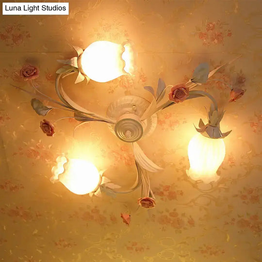 Pastoral White Frosted Glass Flower Semi Flush Mount Ceiling Light With 3 Heads