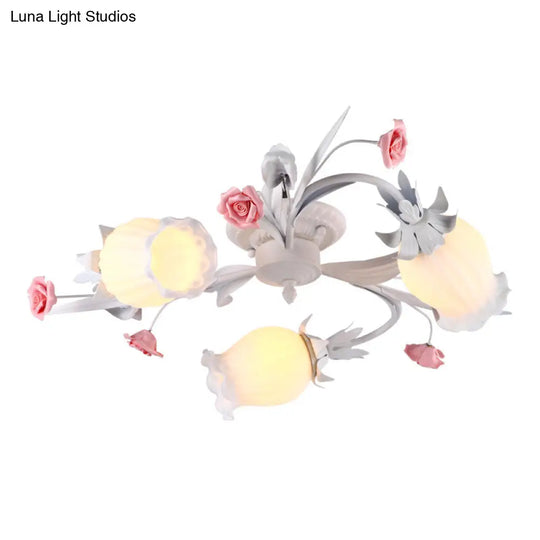 Pastoral White Frosted Glass Flower Semi Flush Mount Ceiling Light With 3 Heads