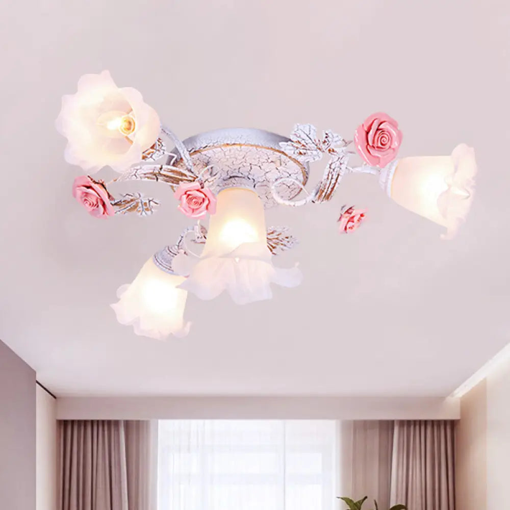 Pastoral White Glass Ceiling Light With Sputnik Design - 4/6/7 - Bulb Semi Mount For Bedroom 4 /