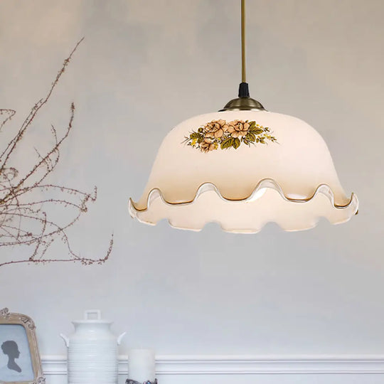 Pastoral White Glass Drop Pendant With Scalloped Bowl Design And 1 Light