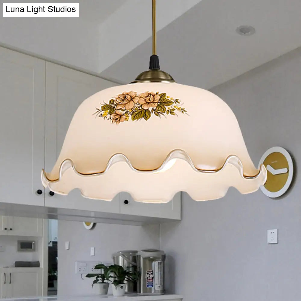 Pastoral White Glass Drop Pendant With Scalloped Bowl Design And 1 Light