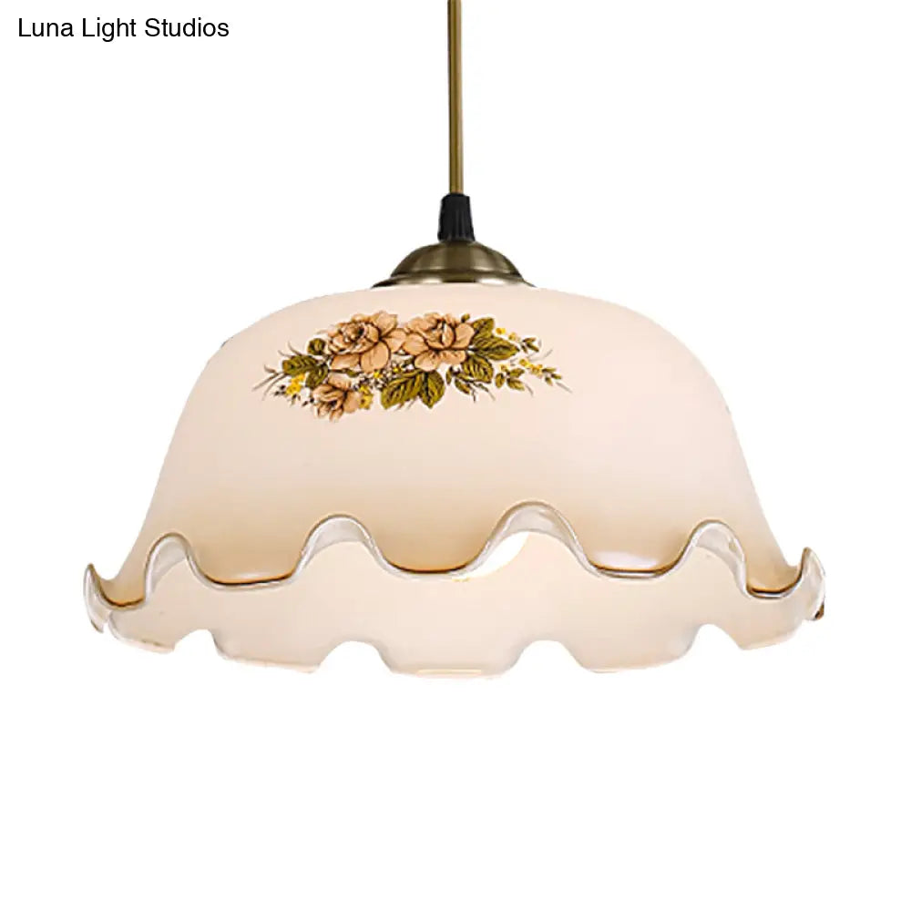 Pastoral White Glass Drop Pendant With Scalloped Bowl Design And 1 Light