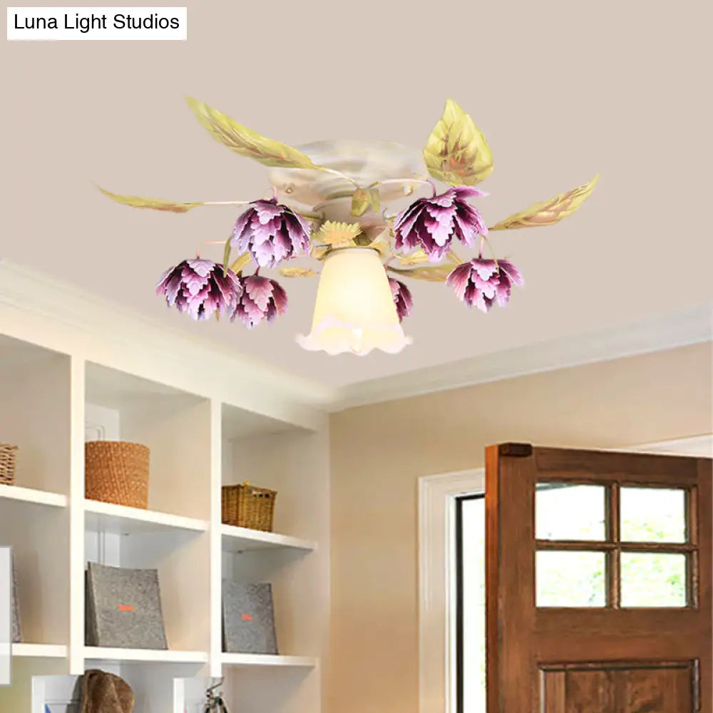 Pastoral White Metal Flower Semi Flush Mount Ceiling Light With Flared 1/4 Bulbs For Dining Room