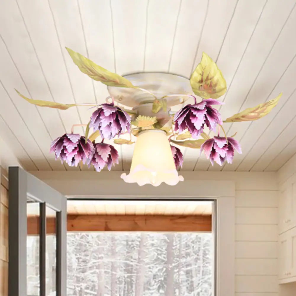 Pastoral White Metal Flower Semi Flush Mount Ceiling Light With Flared 1/4 Bulbs For Dining Room 1 /