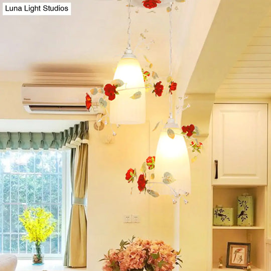 Pastoral White Multi-Light Pendant With Elongated Dome Flower Shade - Perfect For Dining Room