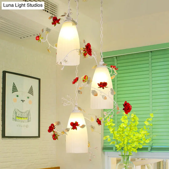 Pastoral White Multi-Light Pendant With Elongated Dome Flower Shade - Perfect For Dining Room