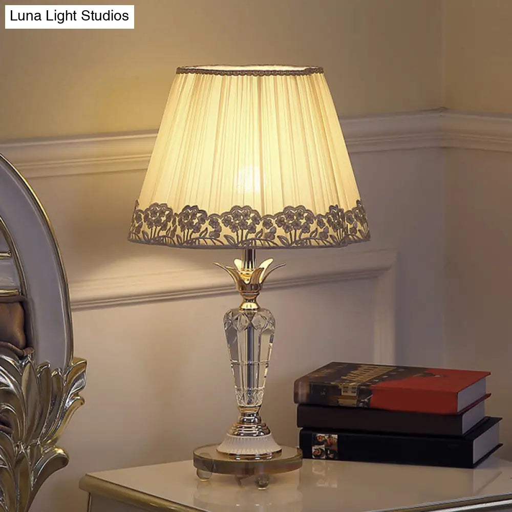 Classic Clear Crystal Nightstand Light With Pleated Fabric Shade - Beige