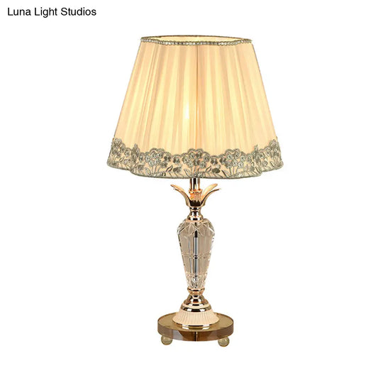 Classic Clear Crystal Nightstand Light With Pleated Fabric Shade - Beige