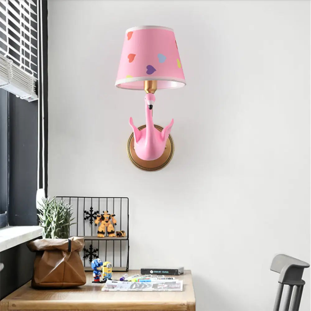 Patterned Fabric Kids Wall Lamp With Swan Design - Empire Shade Bedside Light 1 / Pink