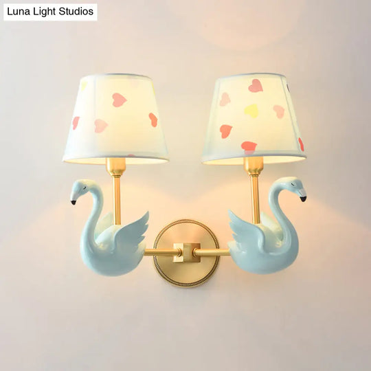 Patterned Fabric Kids Wall Lamp With Swan Design - Empire Shade Bedside Light