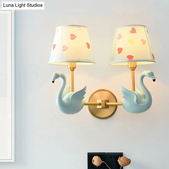 Patterned Fabric Kids Wall Lamp With Swan Design - Empire Shade Bedside Light