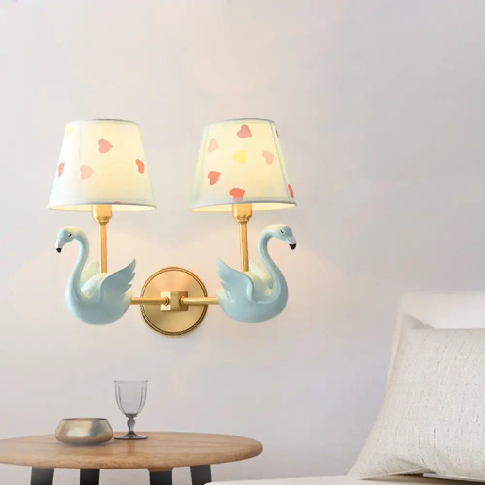 Patterned Fabric Kids Wall Lamp With Swan Design - Empire Shade Bedside Light 2 / Blue