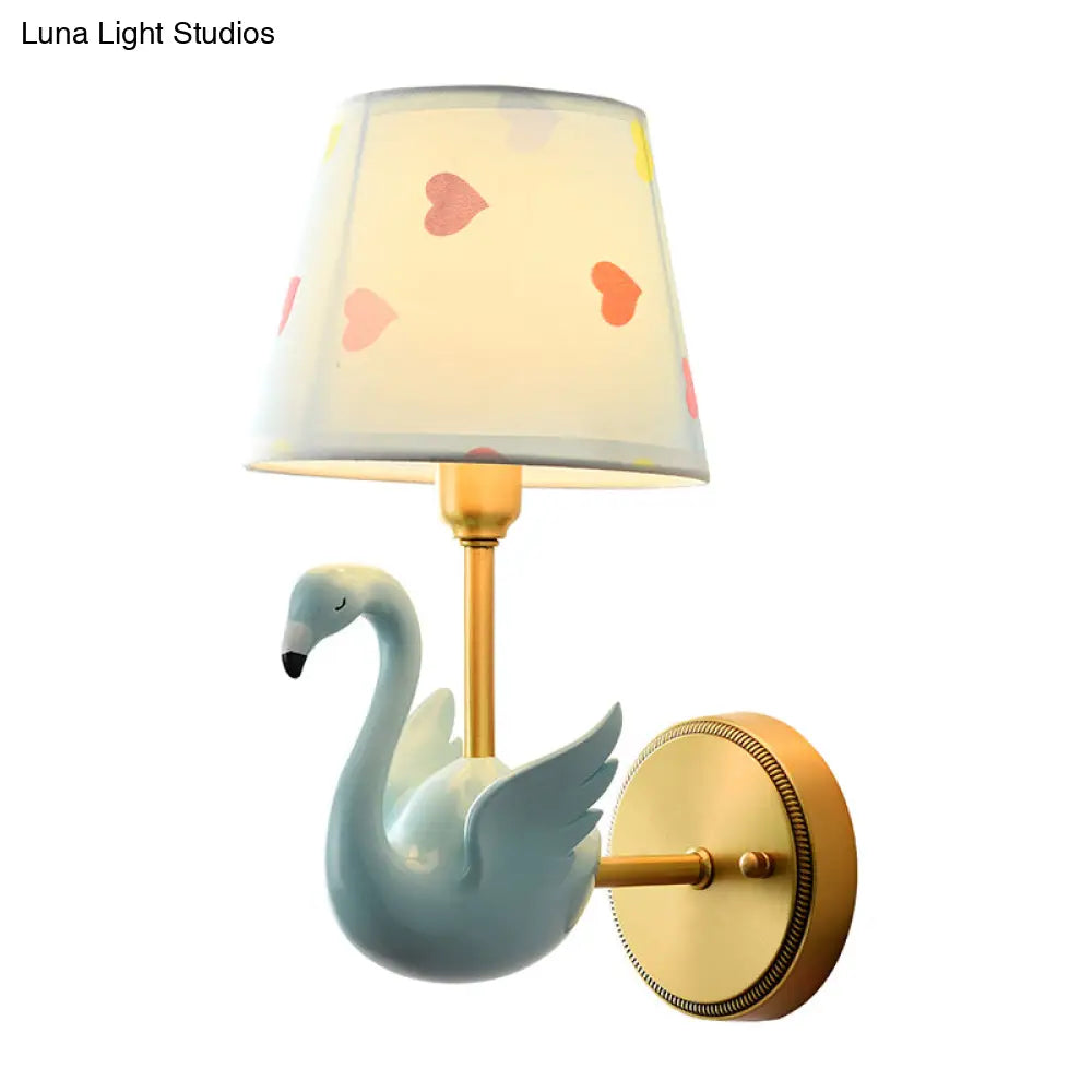 Patterned Fabric Kids Wall Lamp With Swan Design - Empire Shade Bedside Light