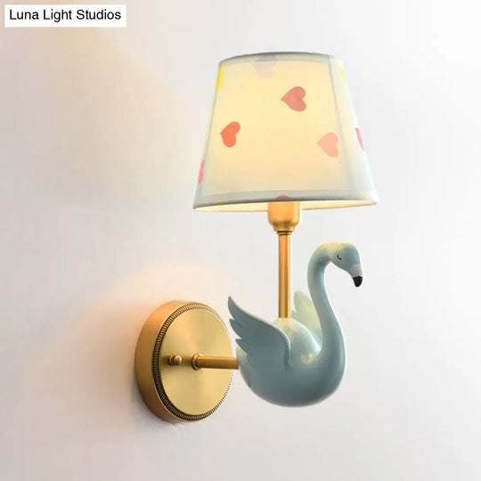 Patterned Fabric Kids Wall Lamp With Swan Design - Empire Shade Bedside Light