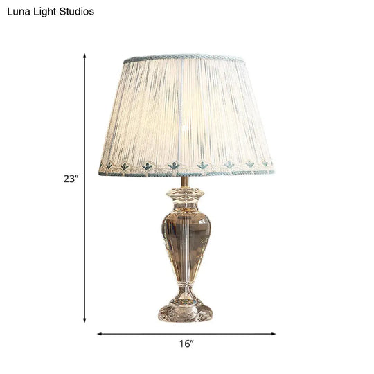 Minimalist Clear Crystal Urn Nightstand Lamp With Pleated Fabric Shade