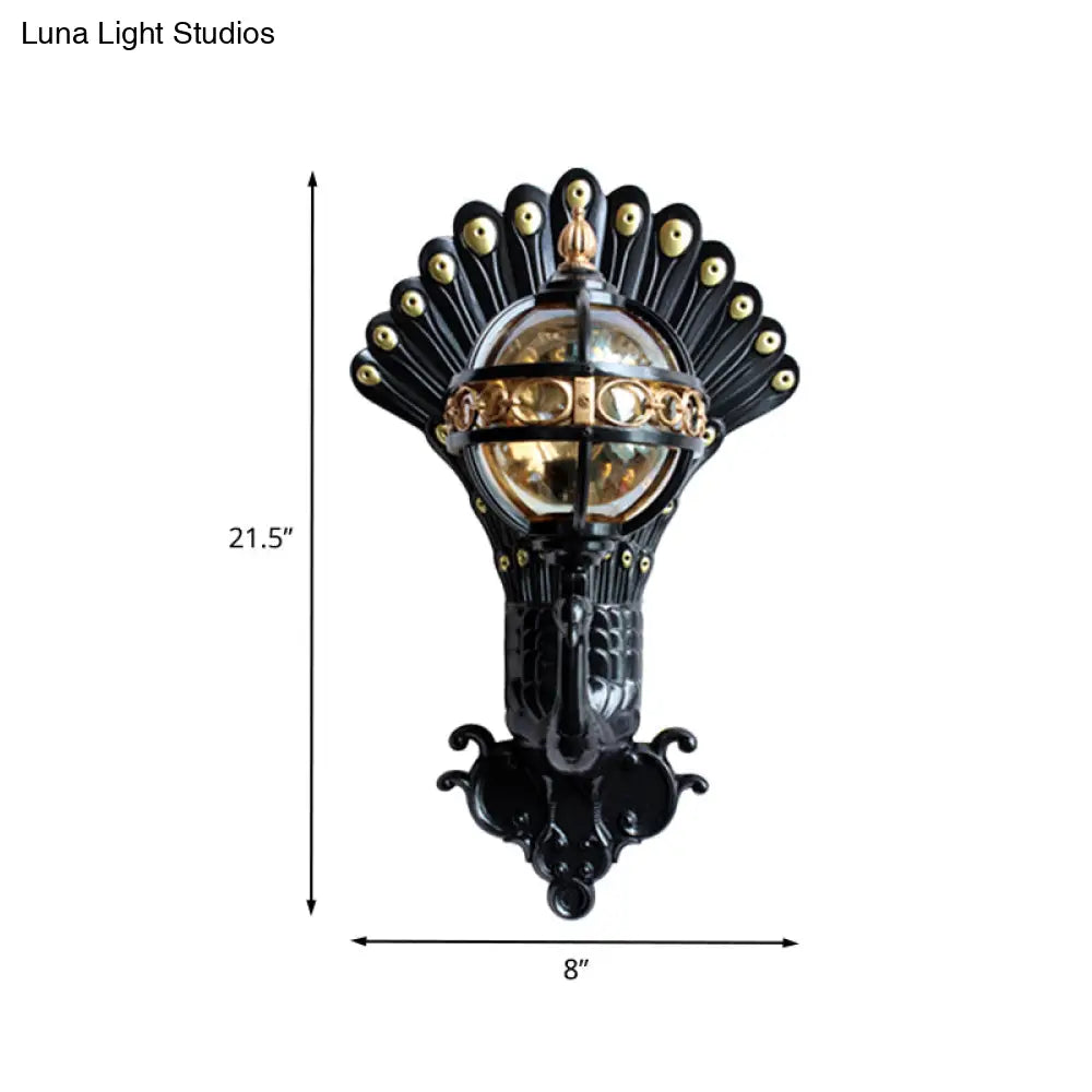 Peacock Backplate Amber Glass Wall Light In Black - Outdoor Ball Lighting With 1 Bulb