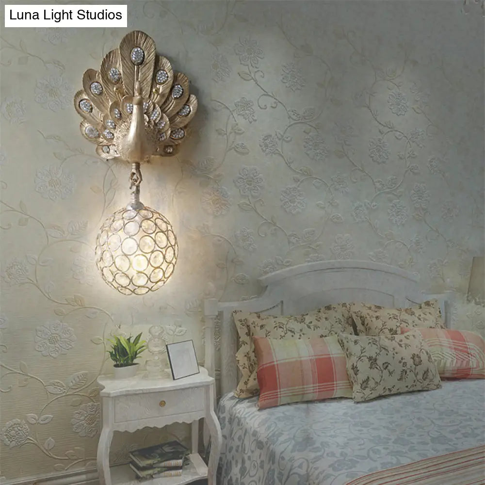 Peacock Crystal Wall Lamp With Gold/Pink/White Resin - Perfect Bedside Light