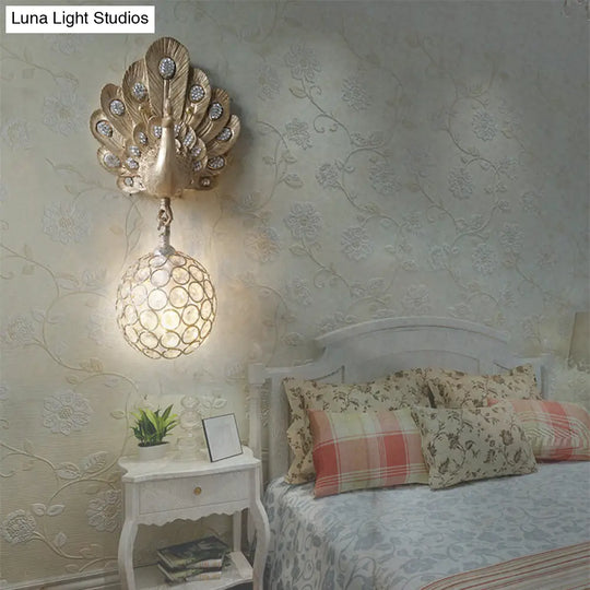 Peacock Crystal Wall Lamp With Gold/Pink/White Resin - Perfect Bedside Light