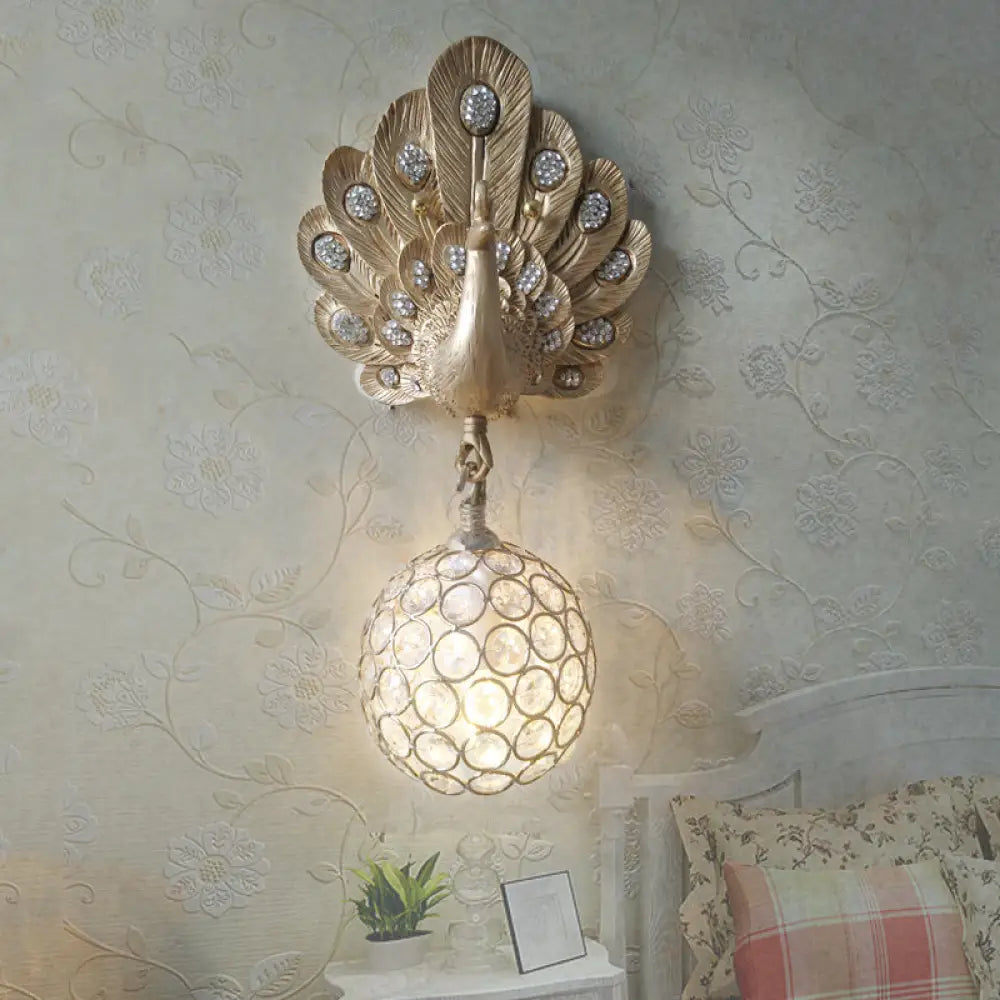 Peacock Crystal Wall Lamp With Gold/Pink/White Resin - Perfect Bedside Light White