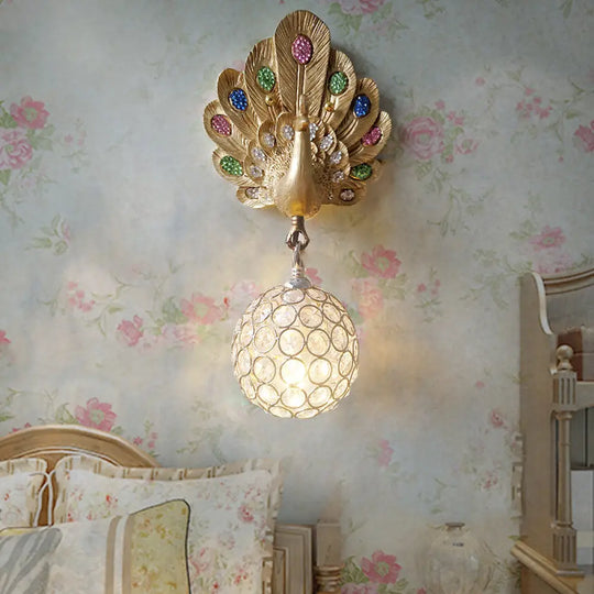 Peacock Crystal Wall Lamp With Gold/Pink/White Resin - Perfect Bedside Light Gold