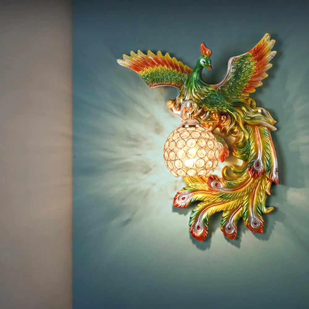 Peacock Flying Wall Mount Light: White/Green/Gold Resin With Crystal Shade Left/Right Green / Right