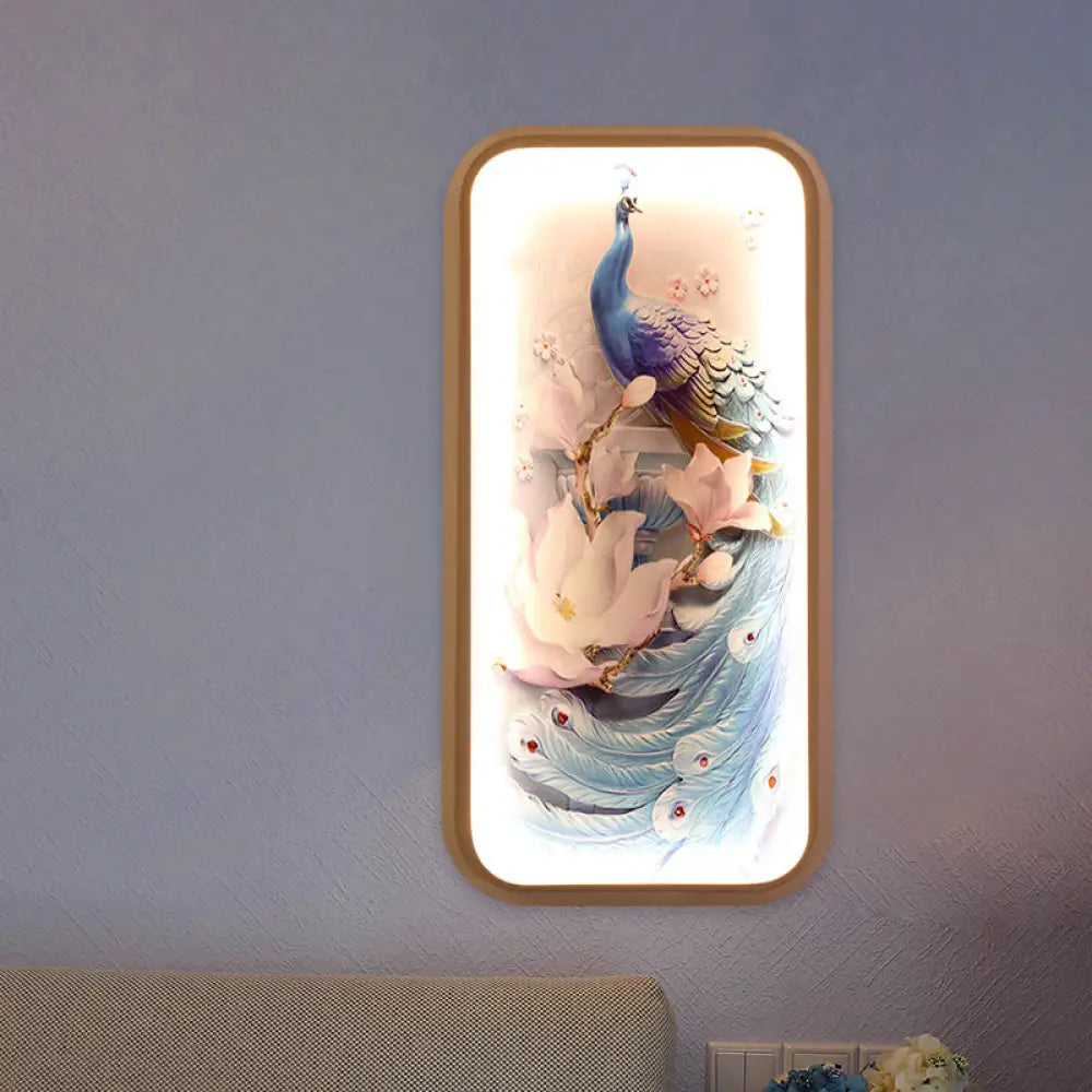 Peacock Pattern Led Blue Wall Light - Oriental Fabric Rectangle Shape Ideal For Bedroom