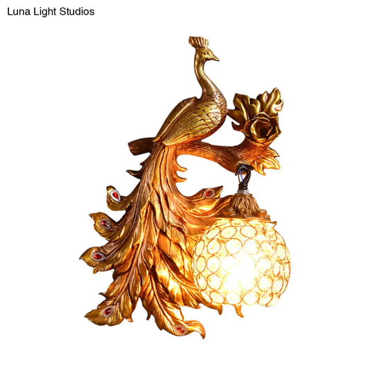 Peacock Resin Wall Light Fixture - Green/Gold Sconce Lamp With Crystal Shade