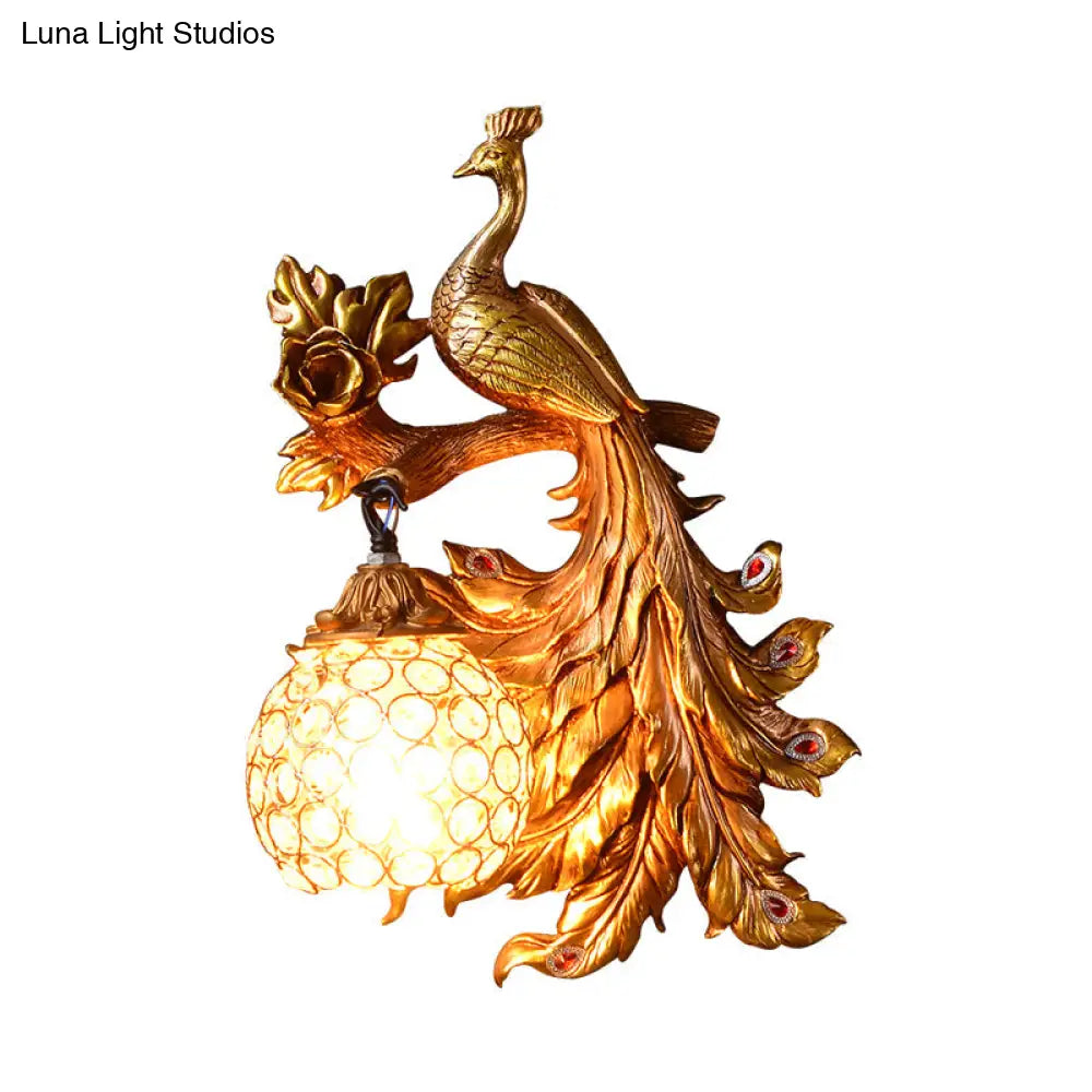 Peacock Resin Wall Light Fixture - Green/Gold Sconce Lamp With Crystal Shade