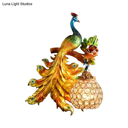 Peacock Resin Wall Light Fixture - Green/Gold Sconce Lamp With Crystal Shade