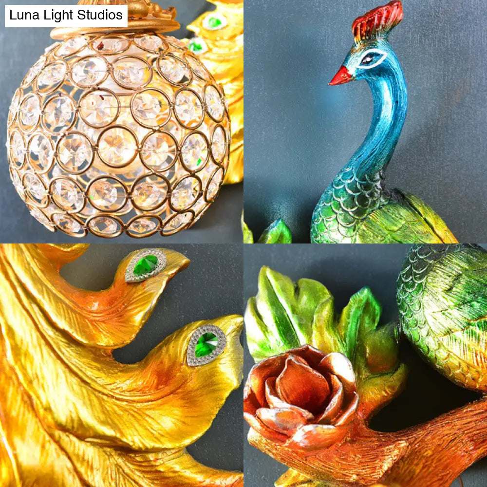 Peacock Resin Wall Light Fixture - Green/Gold Sconce Lamp With Crystal Shade