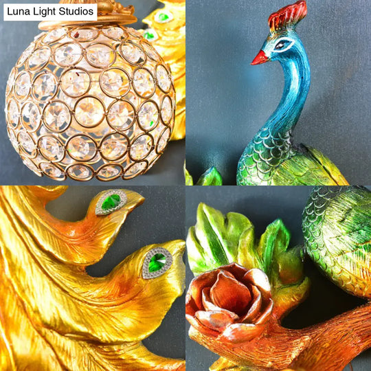 Peacock Resin Wall Light Fixture - Green/Gold Sconce Lamp With Crystal Shade