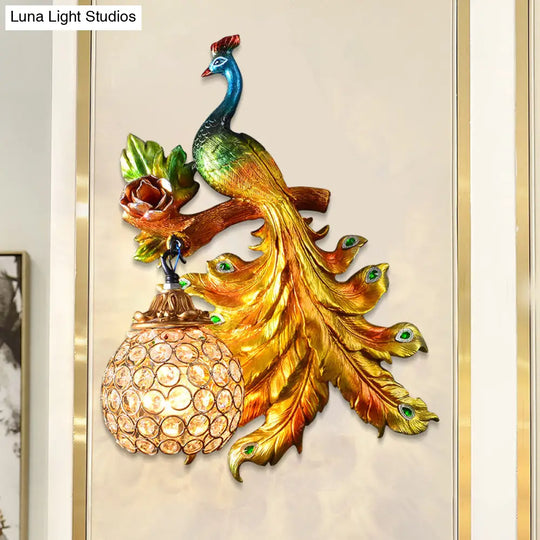 Peacock Resin Wall Light Fixture - Green/Gold Sconce Lamp With Crystal Shade