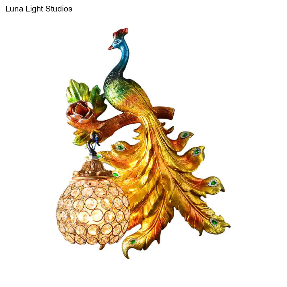 Peacock Resin Wall Light Fixture - Green/Gold Sconce Lamp With Crystal Shade