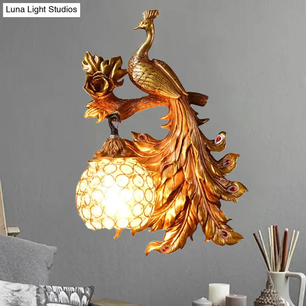 Peacock Resin Wall Light Fixture - Green/Gold Sconce Lamp With Crystal Shade