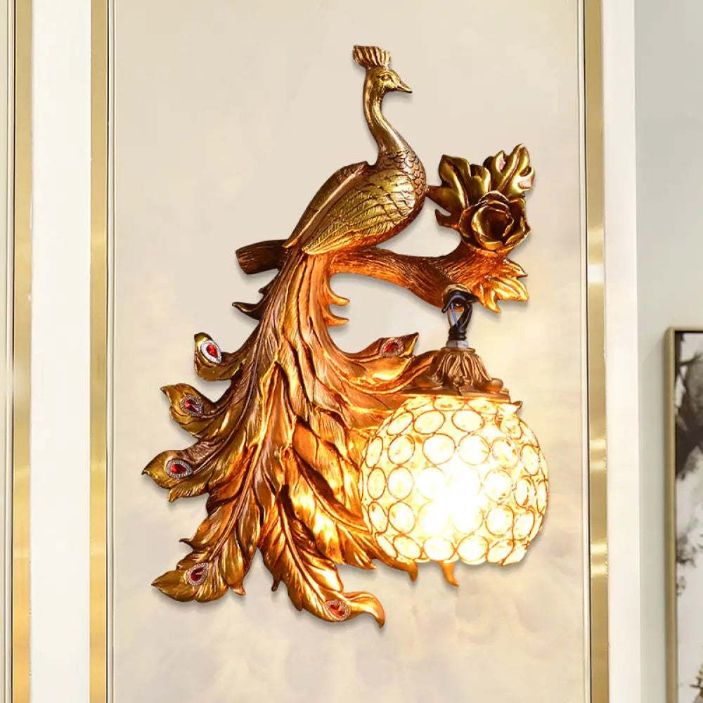 Peacock Resin Wall Light Fixture - Green/Gold Sconce Lamp With Crystal Shade Gold / Left