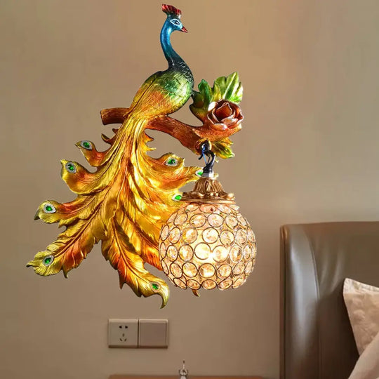 Peacock Resin Wall Light Fixture - Green/Gold Sconce Lamp With Crystal Shade Green / Left