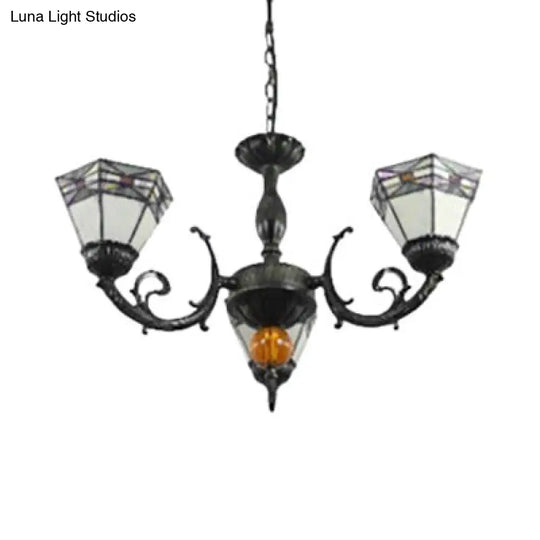 Traditional Stained Glass Cone Chandelier: 3-Light Hanging Lamp With Peacock Tail/Rhombus Pattern