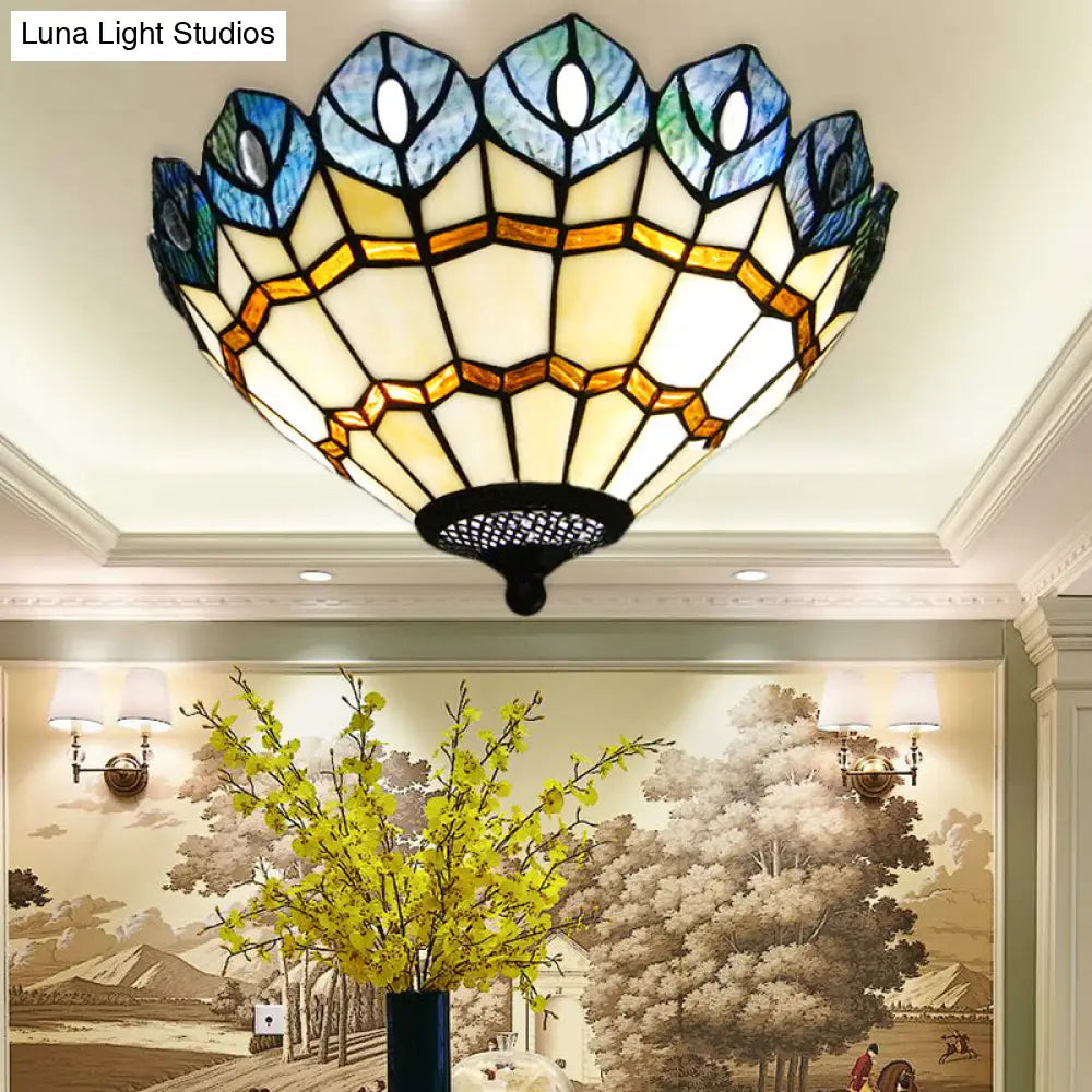 Peacock Stained Glass Flush Ceiling Light With Rustic Charm - 2 Lights For Living Room Yellow-Blue