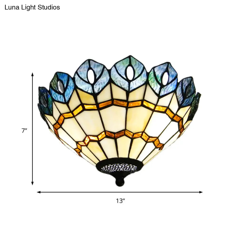Peacock Stained Glass Flush Ceiling Light With Rustic Charm - 2 Lights For Living Room