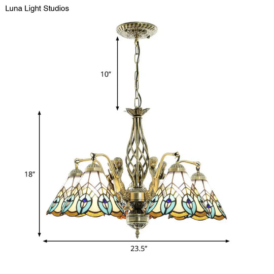 Peacock Stained Glass Pendant Chandelier - 5-Light Hanging Fixture In White