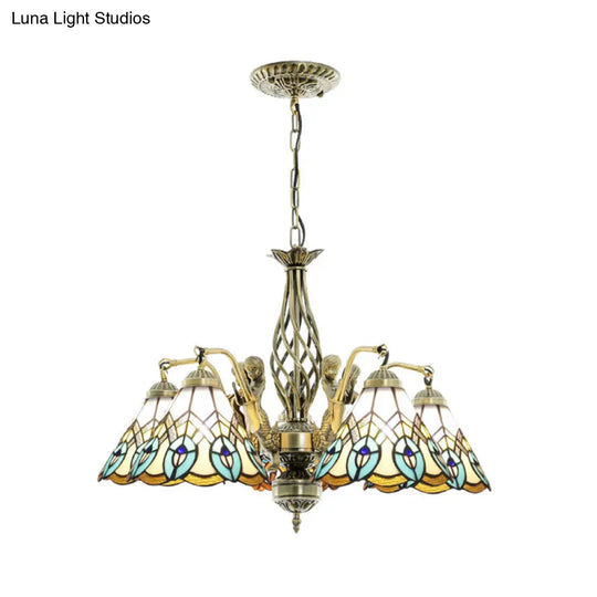 Peacock Stained Glass Pendant Chandelier - 5-Light Hanging Fixture In White