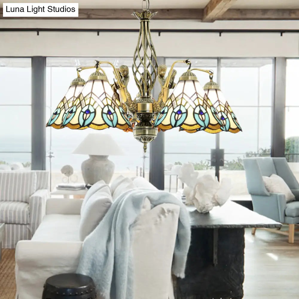 White Tiffany Peacock Stained Glass Pendant Light Chandelier With 5 Lights