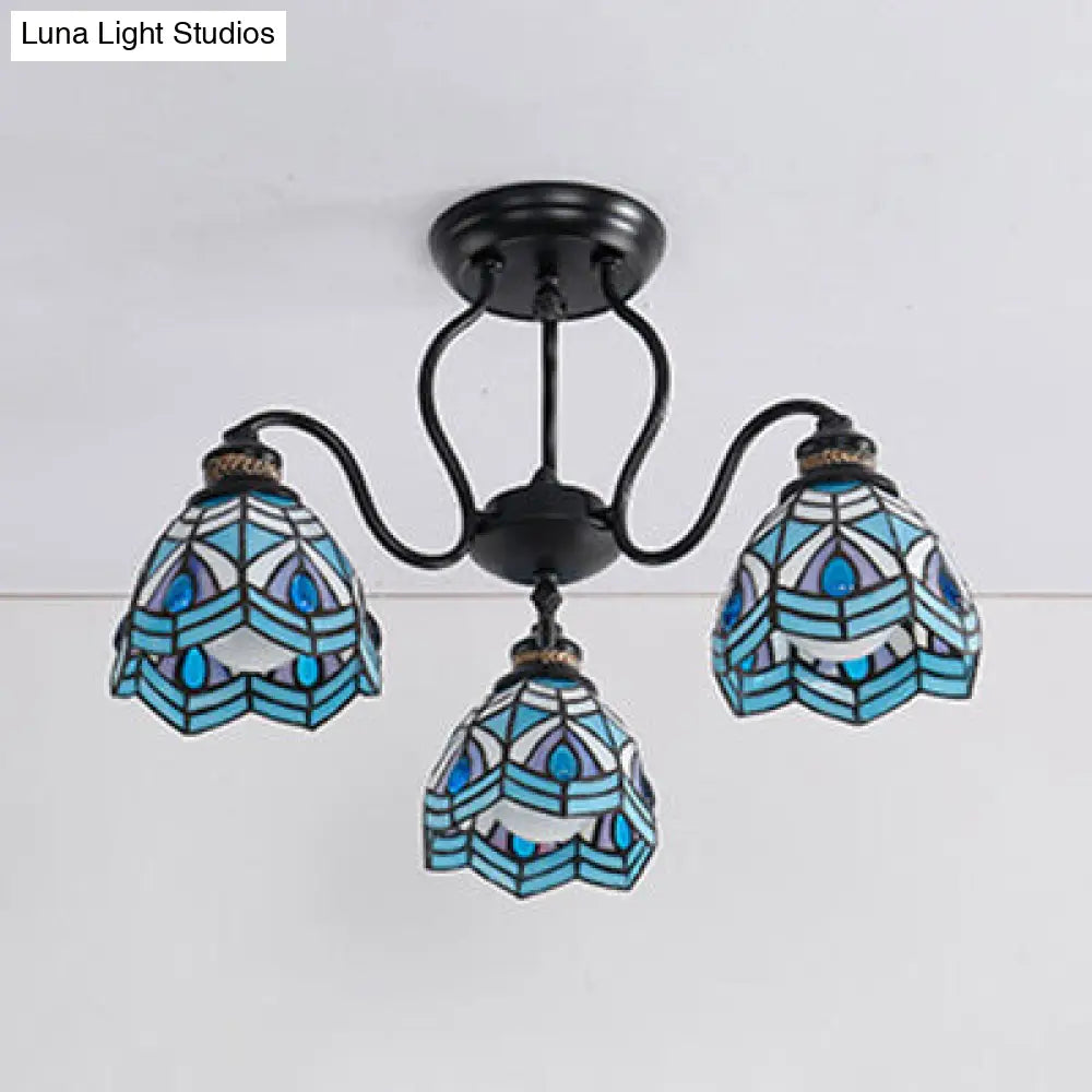 Peacock Stained Glass Semi Flush Light With 3 Lights Traditional Bowl Style