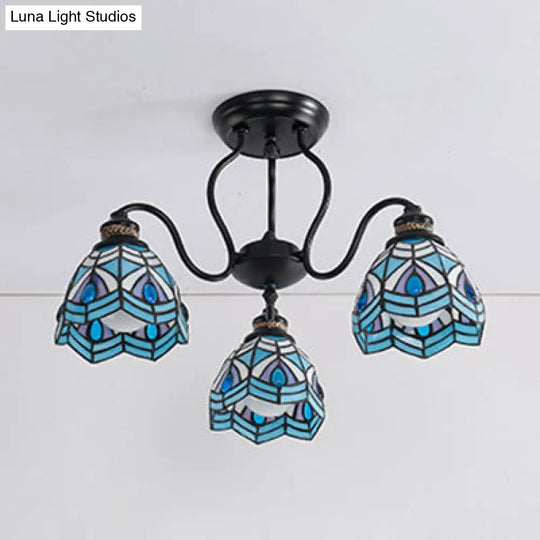 Peacock Stained Glass Semi Flush Light With 3 Lights – Traditional Bowl Style