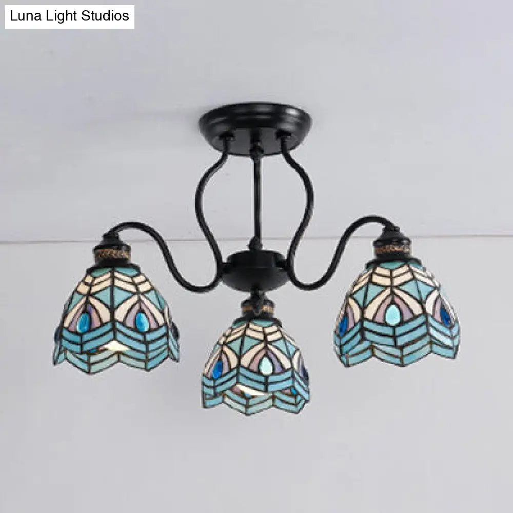 Peacock Stained Glass Semi Flush Light With 3 Lights Traditional Bowl Style Blue