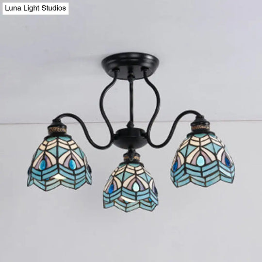 Peacock Stained Glass Semi Flush Light With 3 Lights Traditional Bowl Style Blue