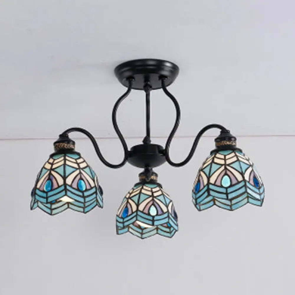 Peacock Stained Glass Semi Flush Light With 3 Lights – Traditional Bowl Style Blue