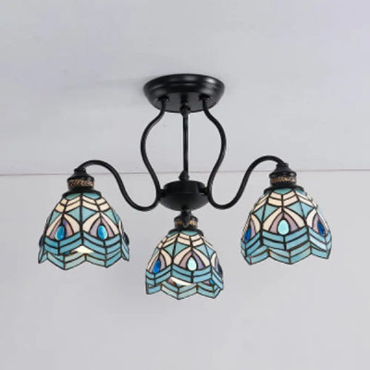 Peacock Stained Glass Semi Flush Light With 3 Lights – Traditional Bowl Style Blue