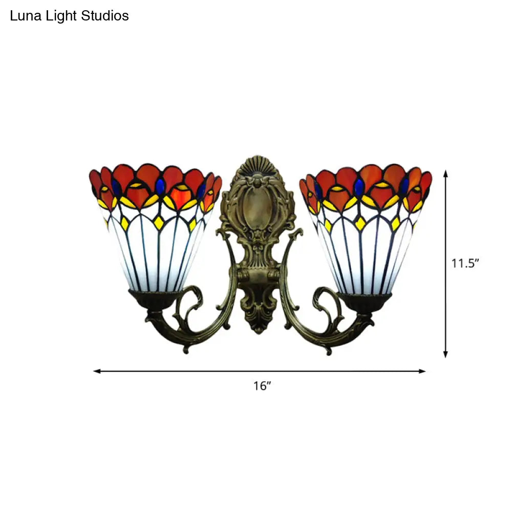 Peacock Stained Glass Tiffany Wall Sconce Light With Conical Mount - Set Of 2