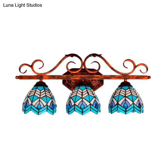 Peacock Stained Glass Wall Sconce: Classic Tiffany Style 3 Lights Pink/Orange/Blue - Bedroom